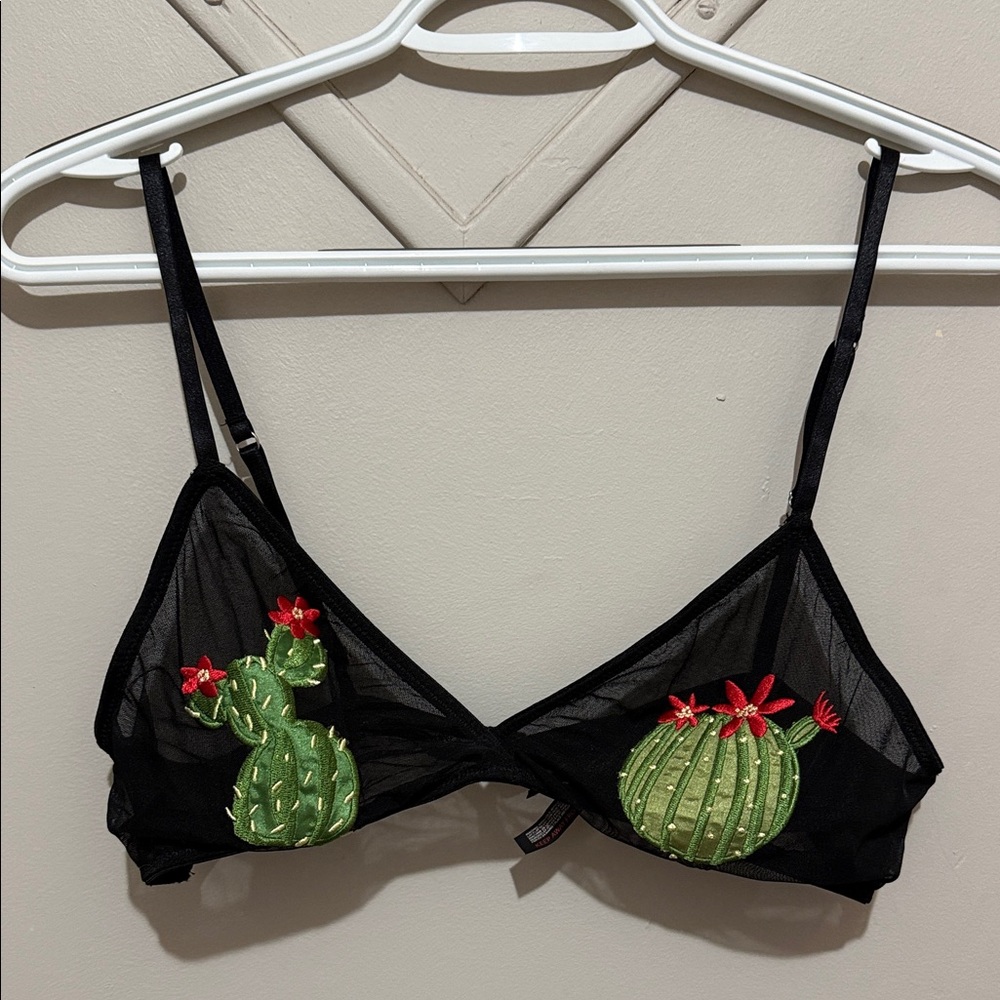 Urban Outfitters Black Sheer Bralette with Cactus Embroidery - Large